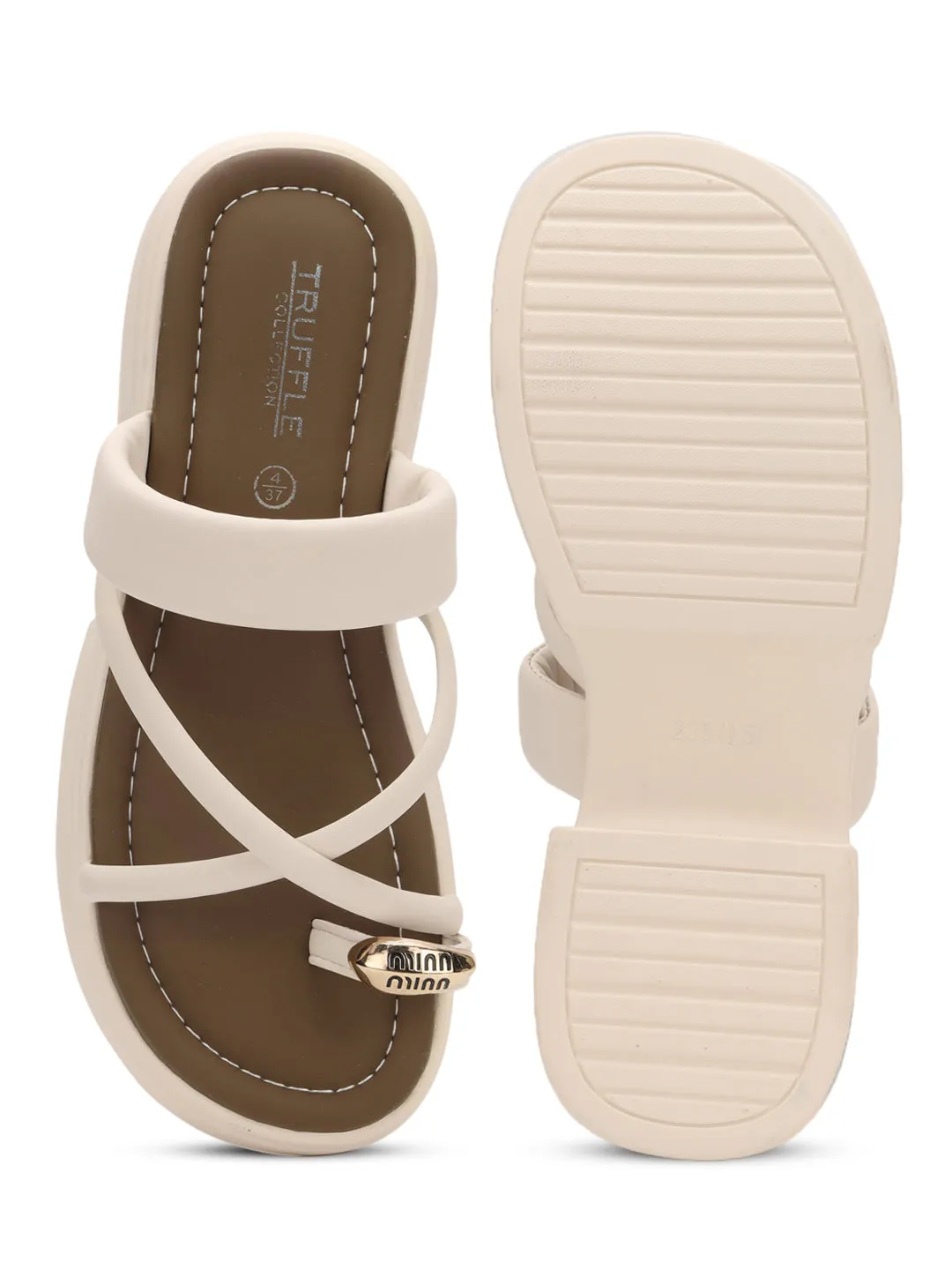Beige PU Gold Zehenring Slip-On Flats (TC-RS3597-BEIG)