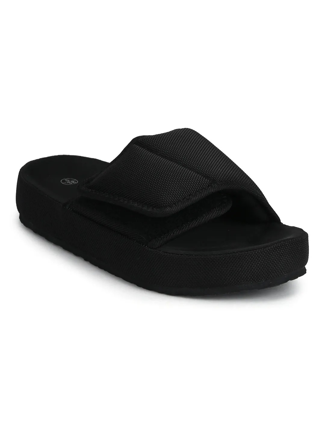 Schwarze Breite Riemchen-Slip-On Flats
