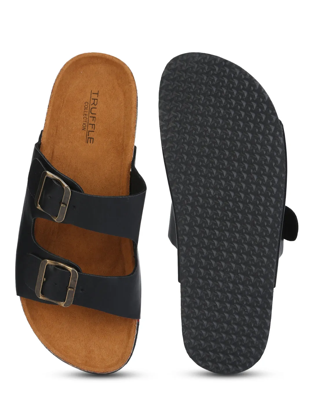 Schwarze Flache Schuhe Mit Doppelter Schnalle Und Brauner Plateau-Sohle