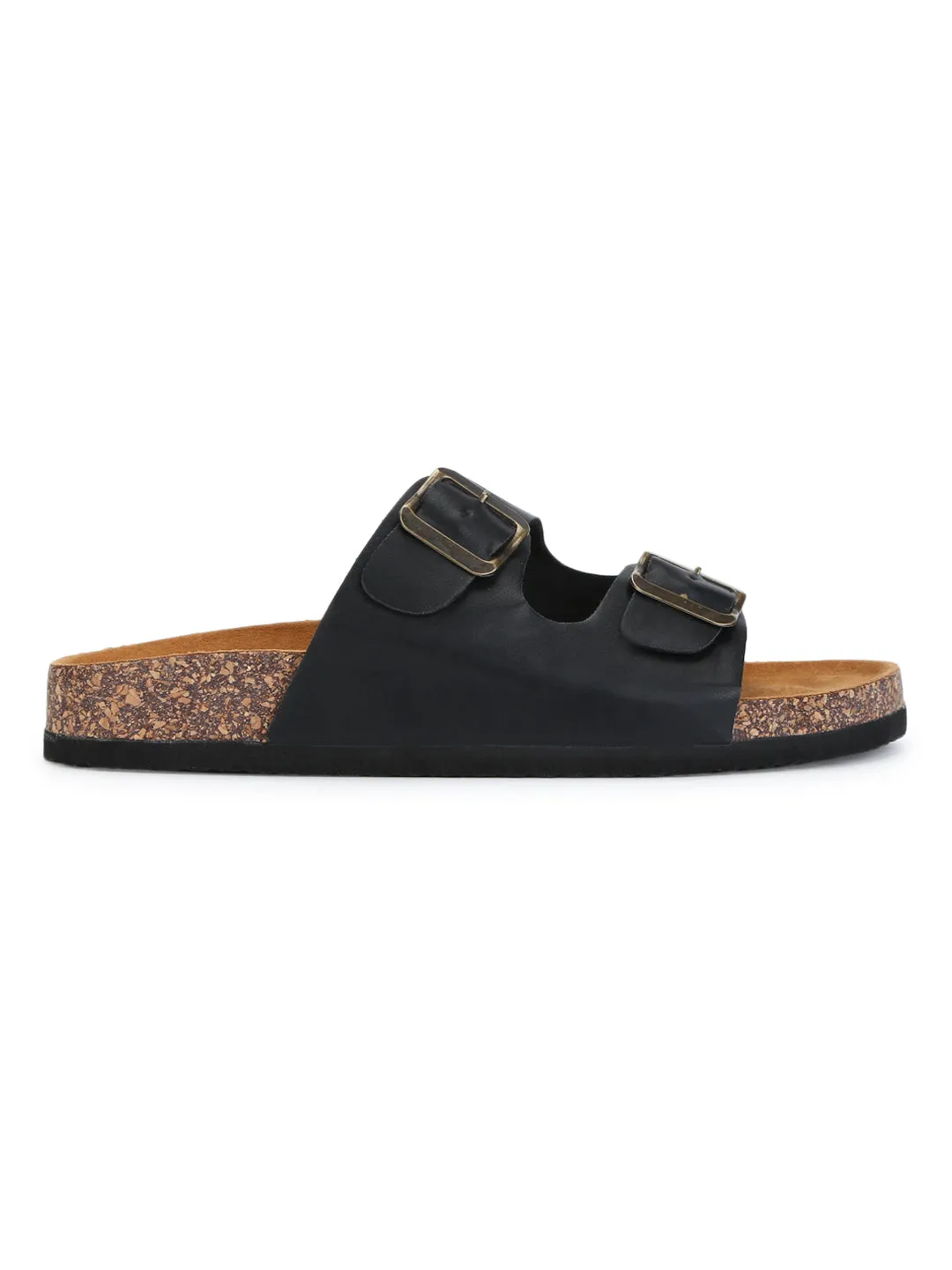 Schwarze Flache Schuhe Mit Doppelter Schnalle Und Brauner Plateau-Sohle