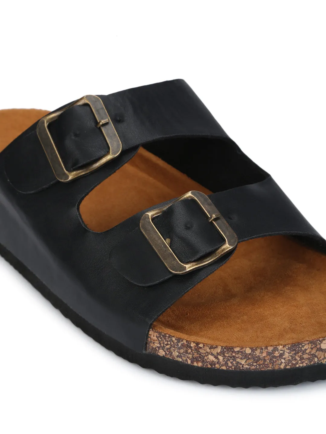 Schwarze Flache Schuhe Mit Doppelter Schnalle Und Brauner Plateau-Sohle