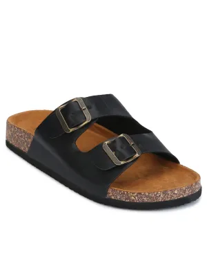 Schwarze Flache Schuhe Mit Doppelter Schnalle Und Brauner Plateau-Sohle