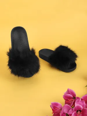 Schwarze Pelz-Slip-On Flats (TC-AMUNA1012-BLK)