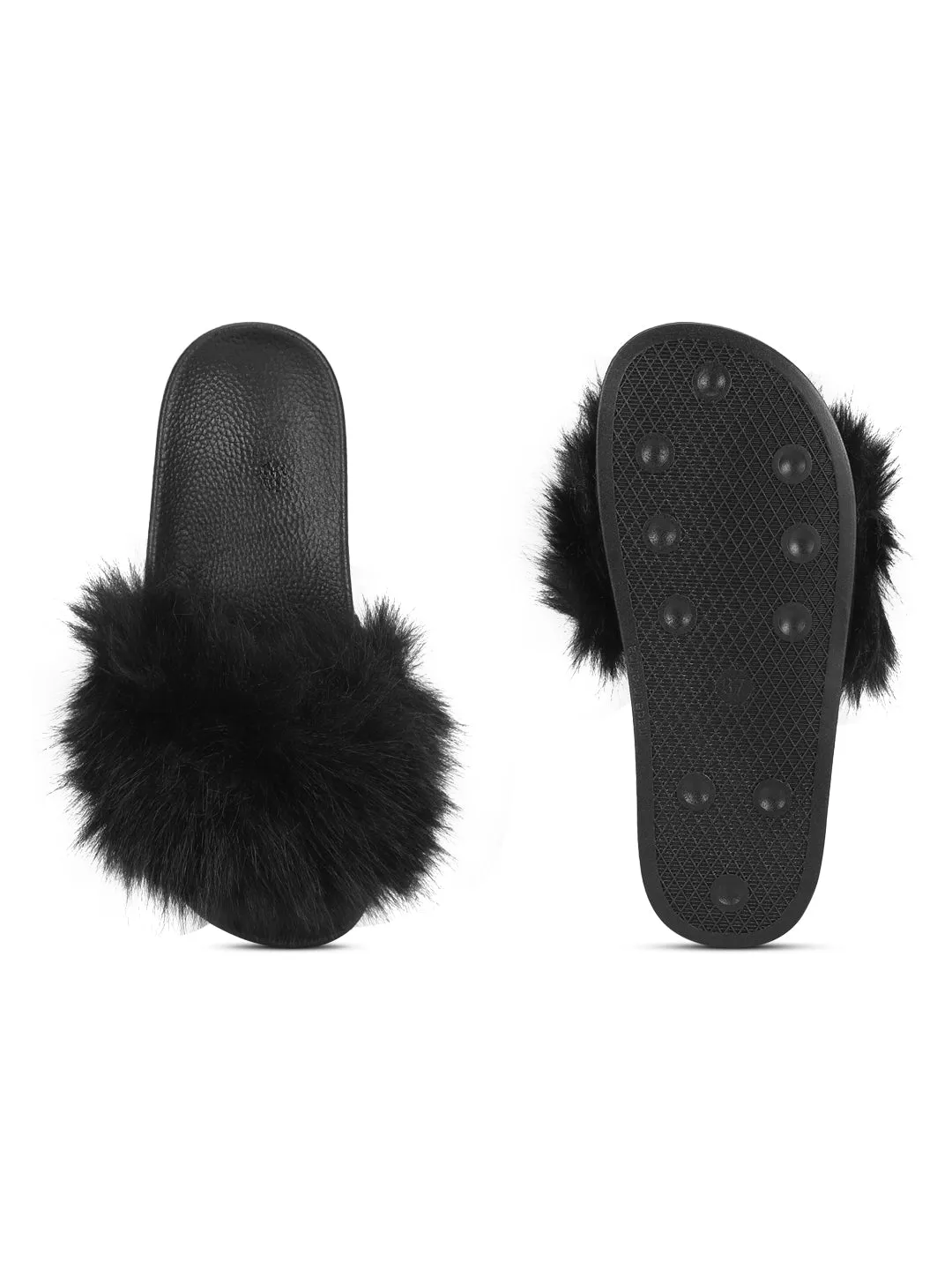 Schwarze Pelz-Slip-On Flats (TC-AMUNA1012-BLK)