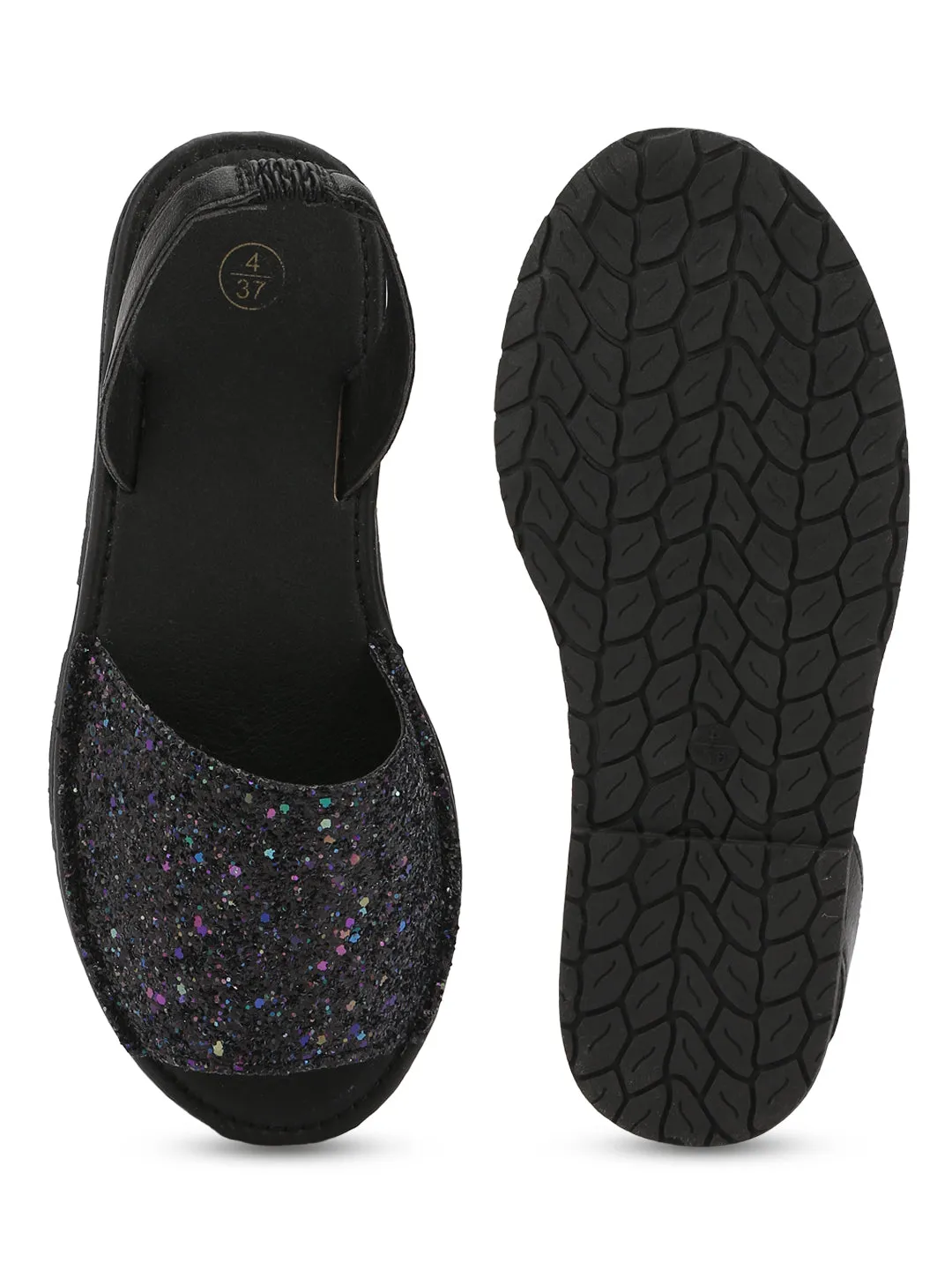 Schwarze Glitzer-Rücken-Sling-Offene-Zeh-Schlupf-Sandalen