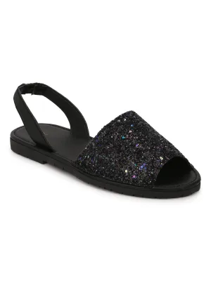 Schwarze Glitzer-Rücken-Sling-Offene-Zeh-Schlupf-Sandalen