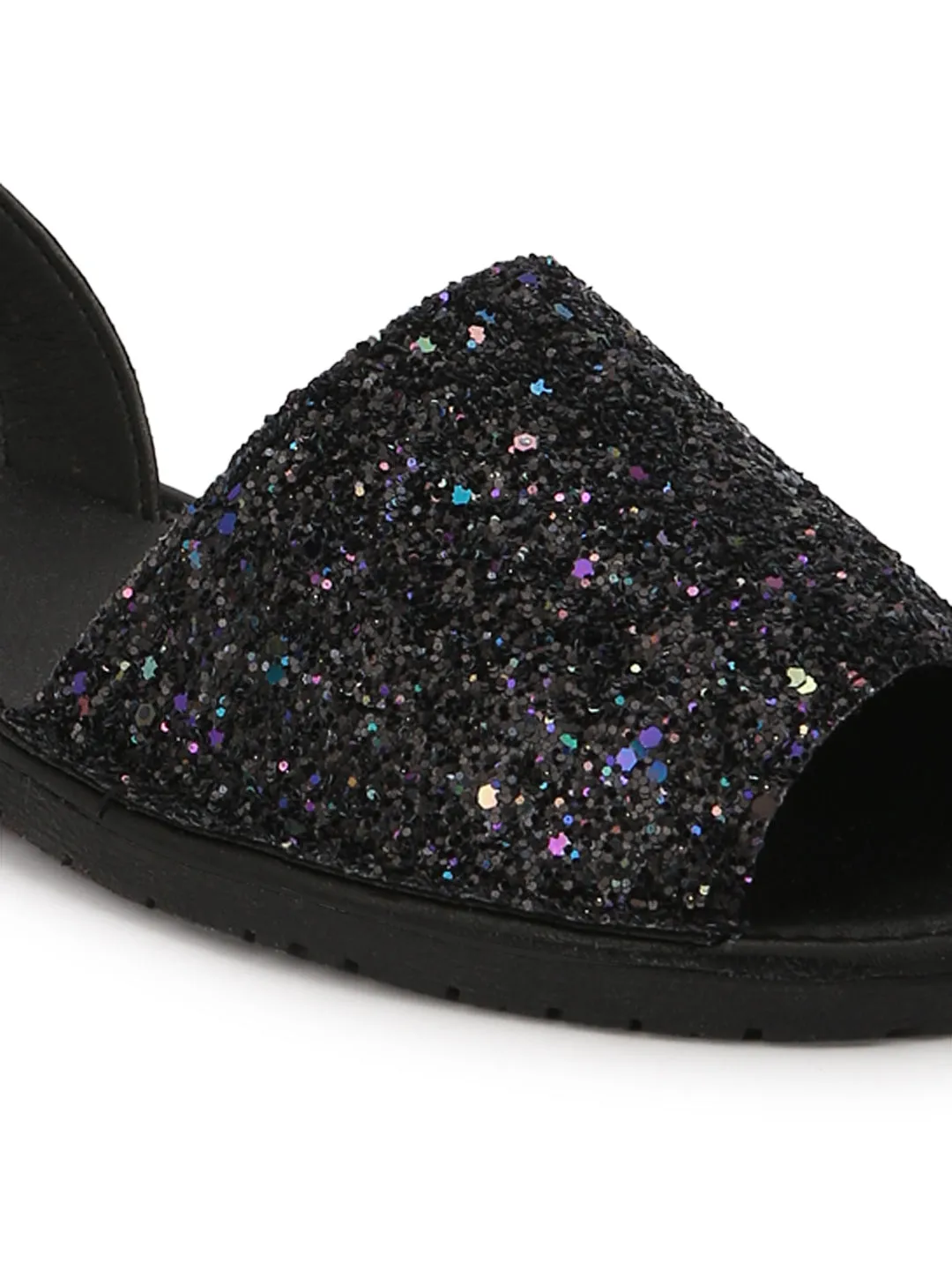Schwarze Glitzer-Rücken-Sling-Offene-Zeh-Schlupf-Sandalen