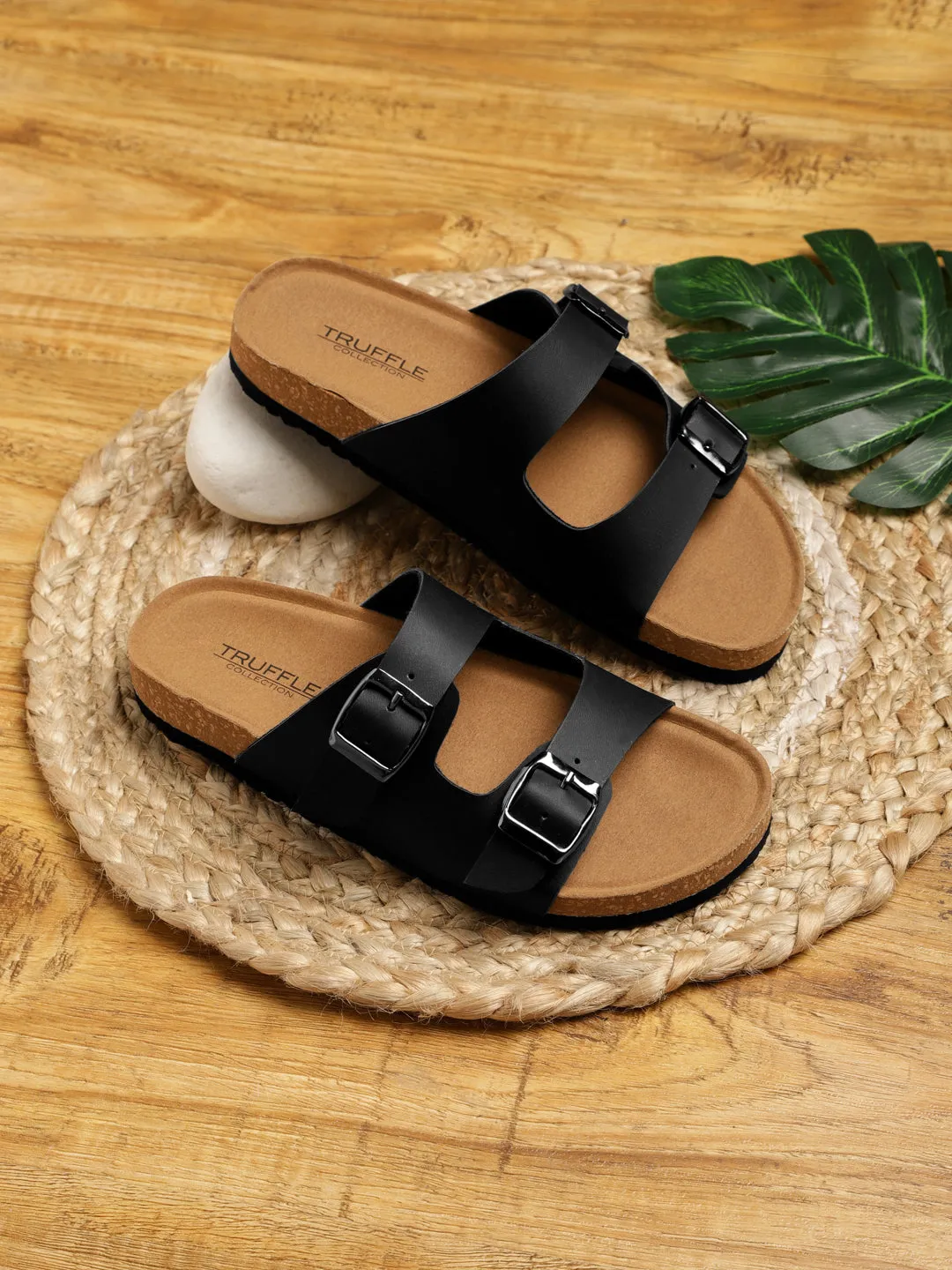 Schwarze PU-Kork-Latex-Einlegesohlen Flats (TC-070203-BLK)