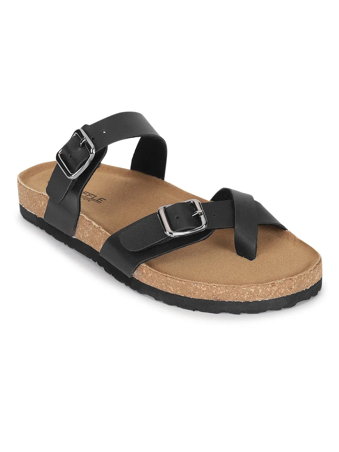 Schwarze PU-Kork-Latex-Einlegesohlen Flats (TC-100504-BLK)