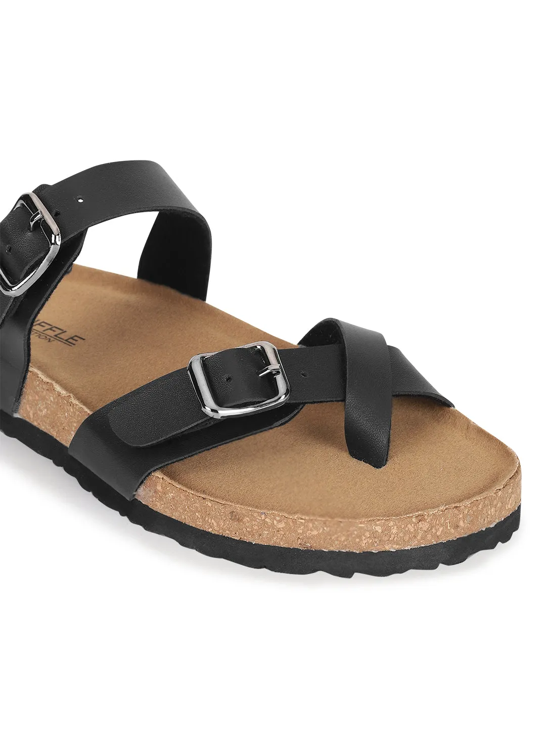 Schwarze PU-Kork-Latex-Einlegesohlen Flats (TC-100504-BLK)