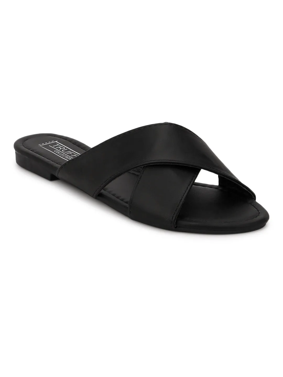 Schwarze PU-Slip-On-Flats im Crossover-Design