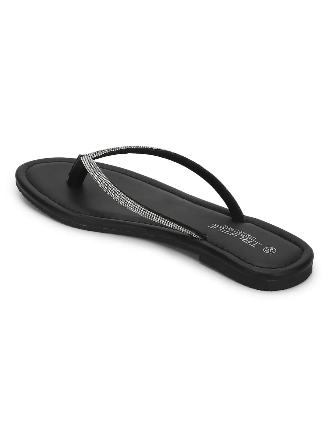 Schwarze PU-Diamanté T-Riemchen Ballerinas (TC-100507-BLK)