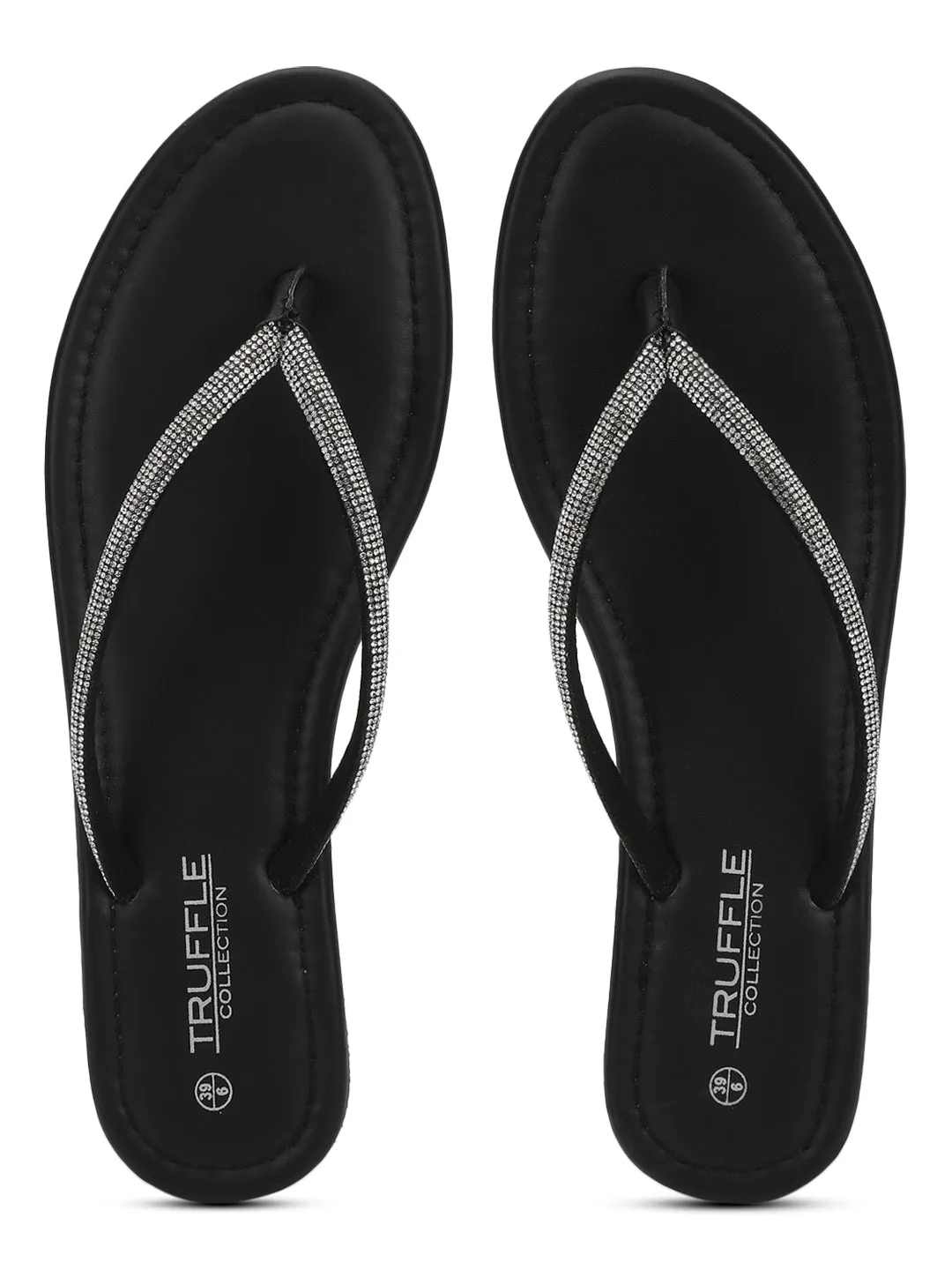 Schwarze PU-Diamanté T-Riemchen Ballerinas (TC-100507-BLK)