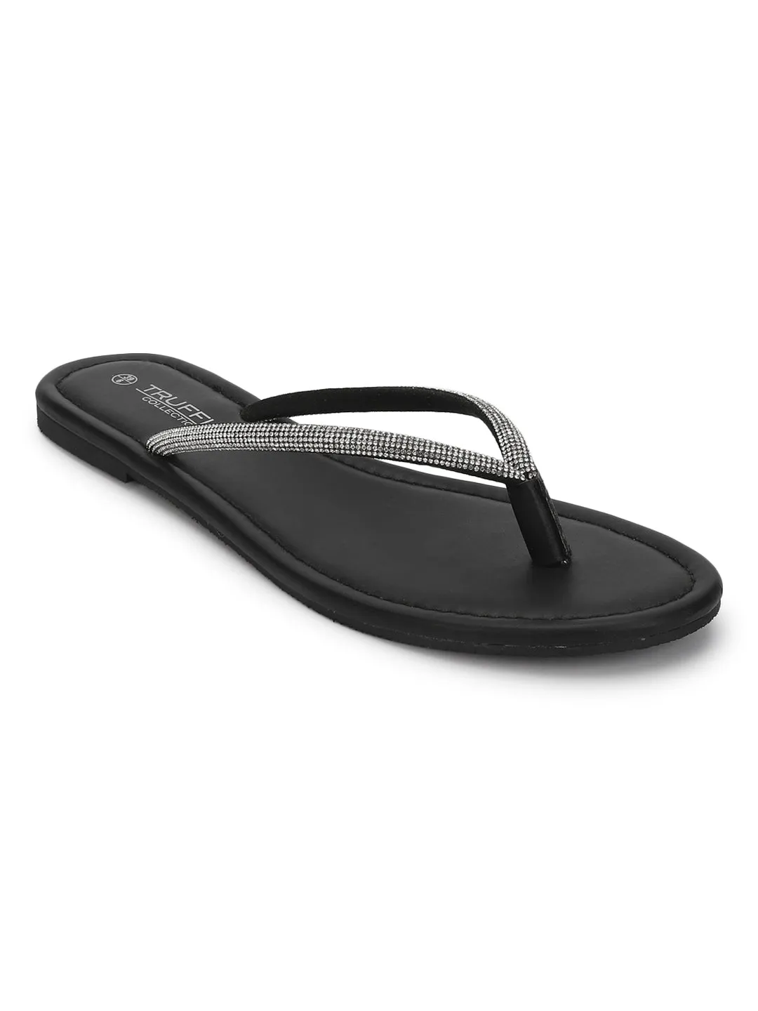 Schwarze PU-Diamanté T-Riemchen Ballerinas (TC-100507-BLK)