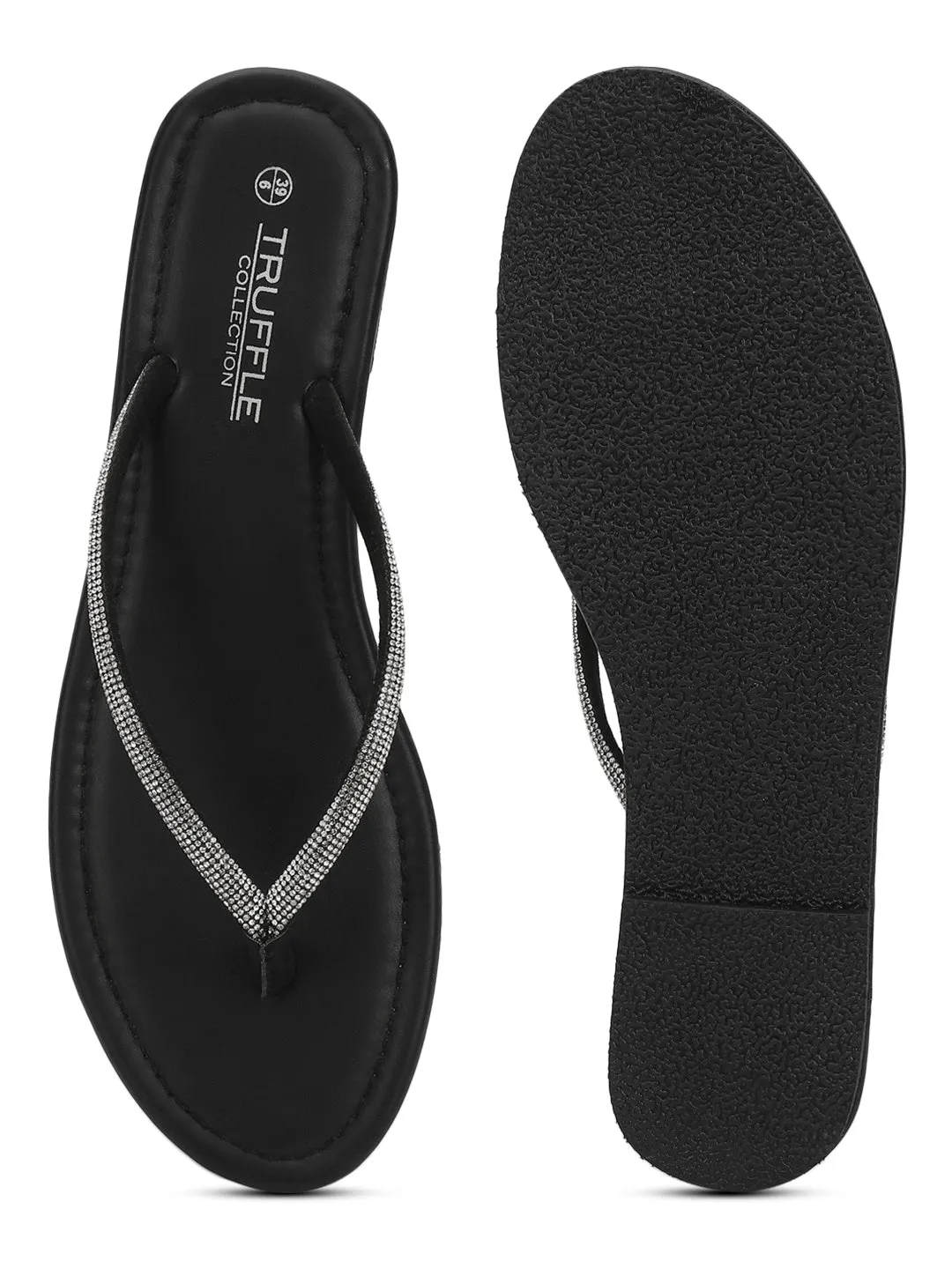 Schwarze PU-Diamanté T-Riemchen Ballerinas (TC-100507-BLK)