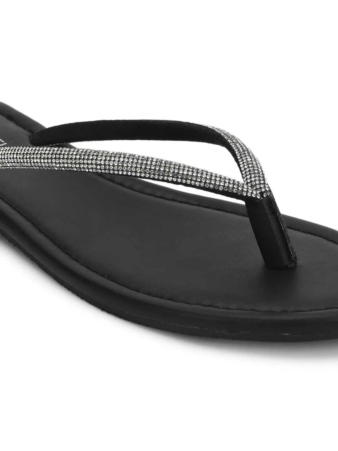 Schwarze PU-Diamanté T-Riemchen Ballerinas (TC-100507-BLK)