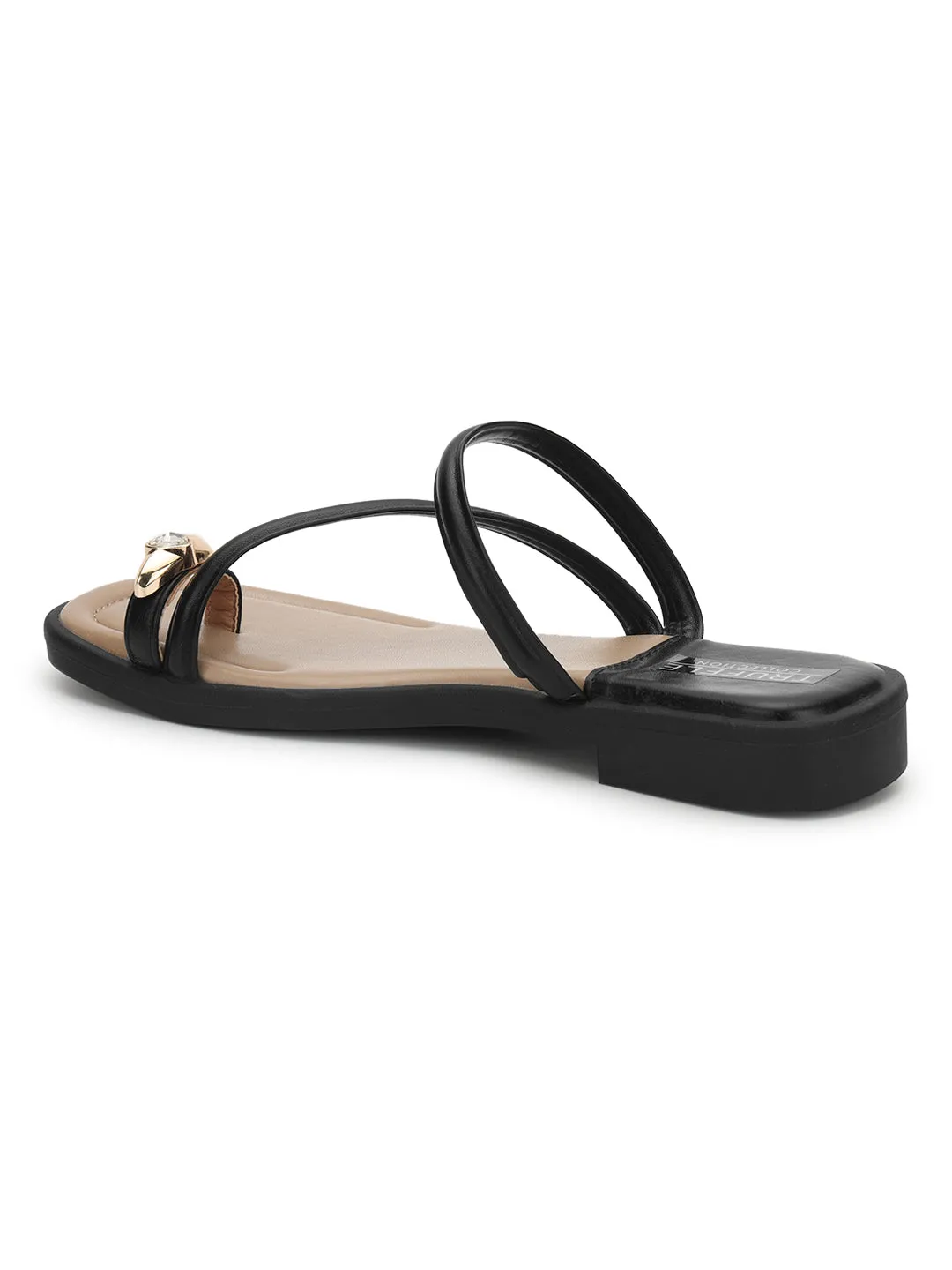 Schwarze PU-Diamant-Zehenring-Slip-On-Flats (TC-RS3595-BLK)