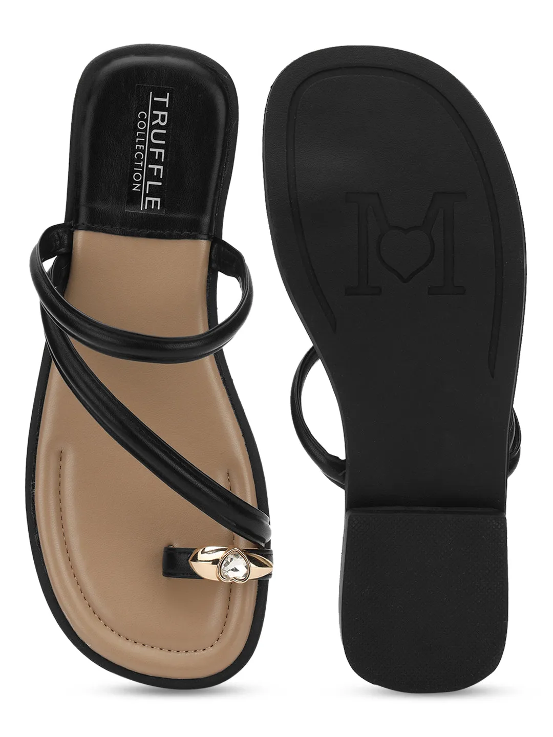 Schwarze PU-Diamant-Zehenring-Slip-On-Flats (TC-RS3595-BLK)