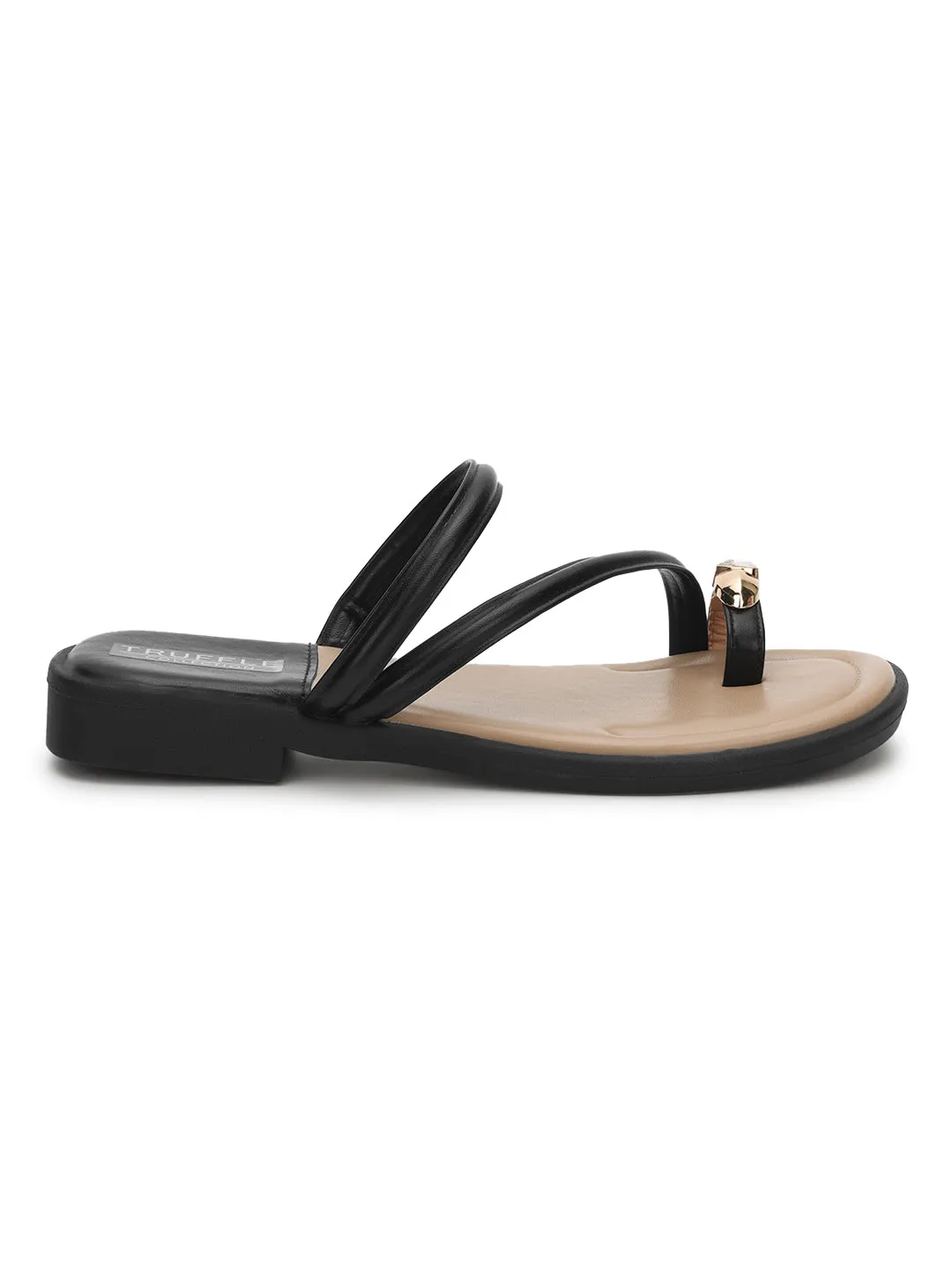 Schwarze PU-Diamant-Zehenring-Slip-On-Flats (TC-RS3595-BLK)