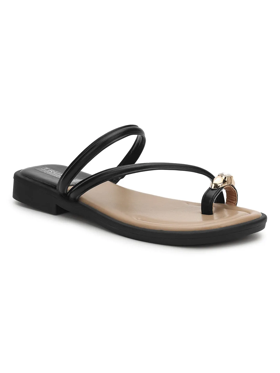 Schwarze PU-Diamant-Zehenring-Slip-On-Flats (TC-RS3595-BLK)