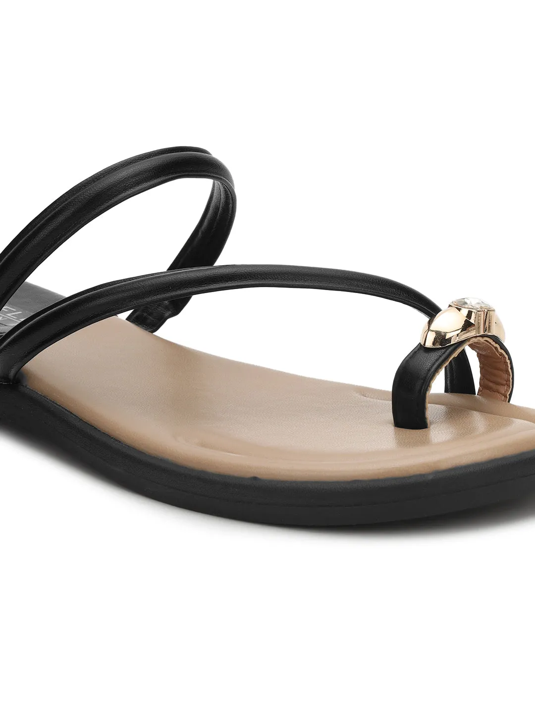 Schwarze PU-Diamant-Zehenring-Slip-On-Flats (TC-RS3595-BLK)