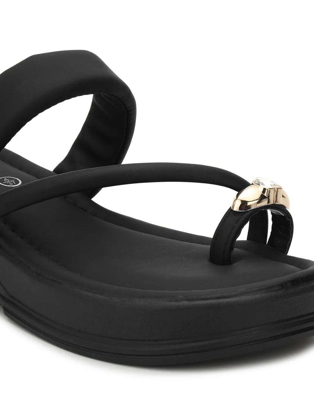 Schwarze PU-Diamant-Zehenring-Slip-On-Flats (TC-RS3599-BLK)