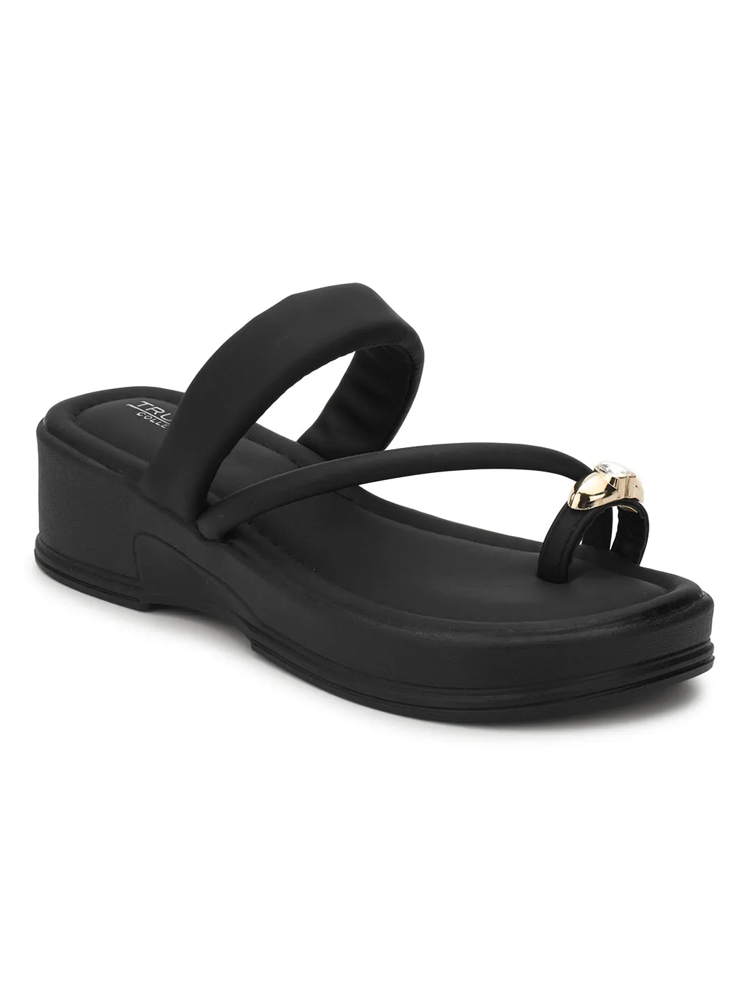 Schwarze PU-Diamant-Zehenring-Slip-On-Flats (TC-RS3599-BLK)