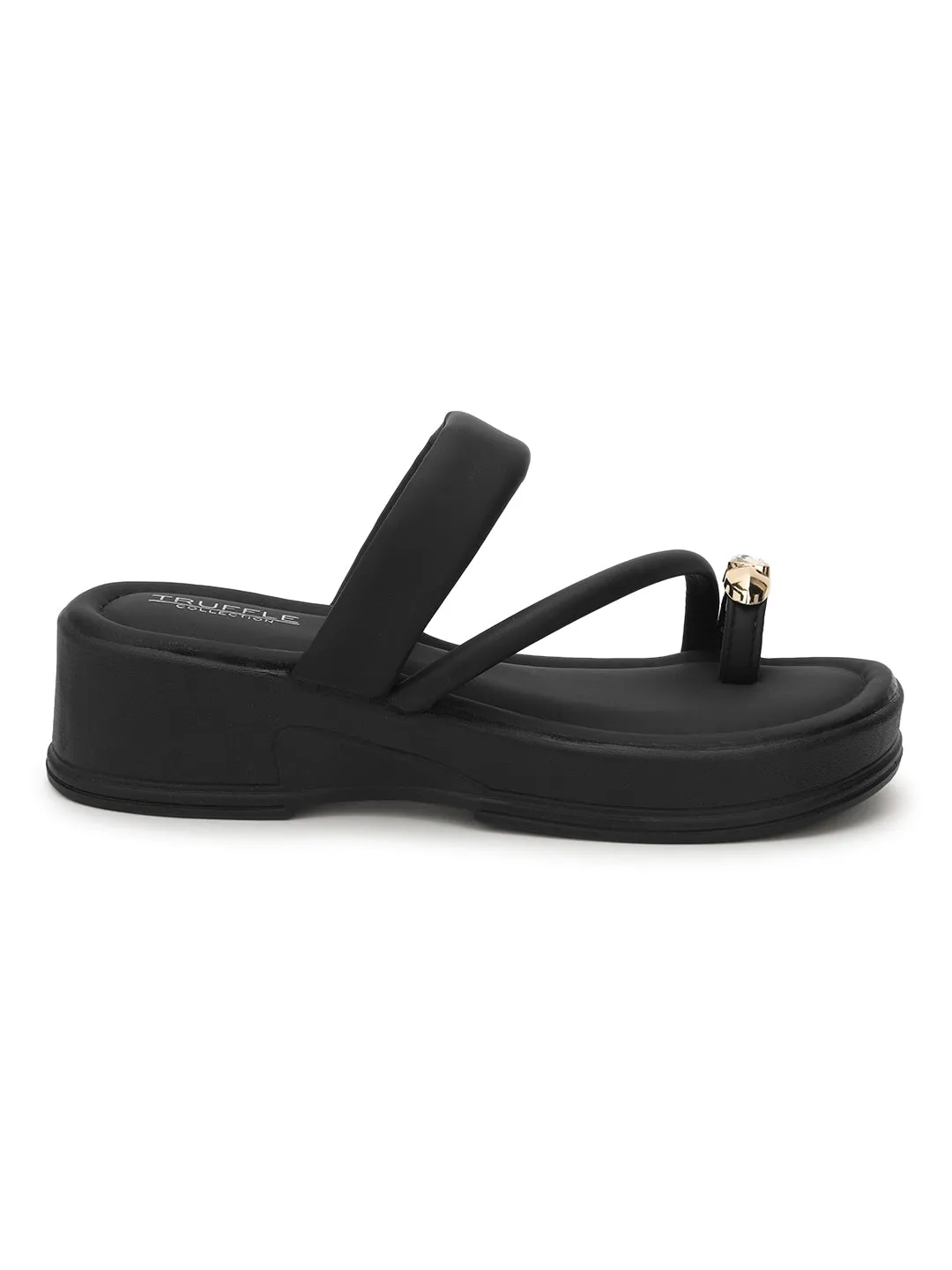 Schwarze PU-Diamant-Zehenring-Slip-On-Flats (TC-RS3599-BLK)