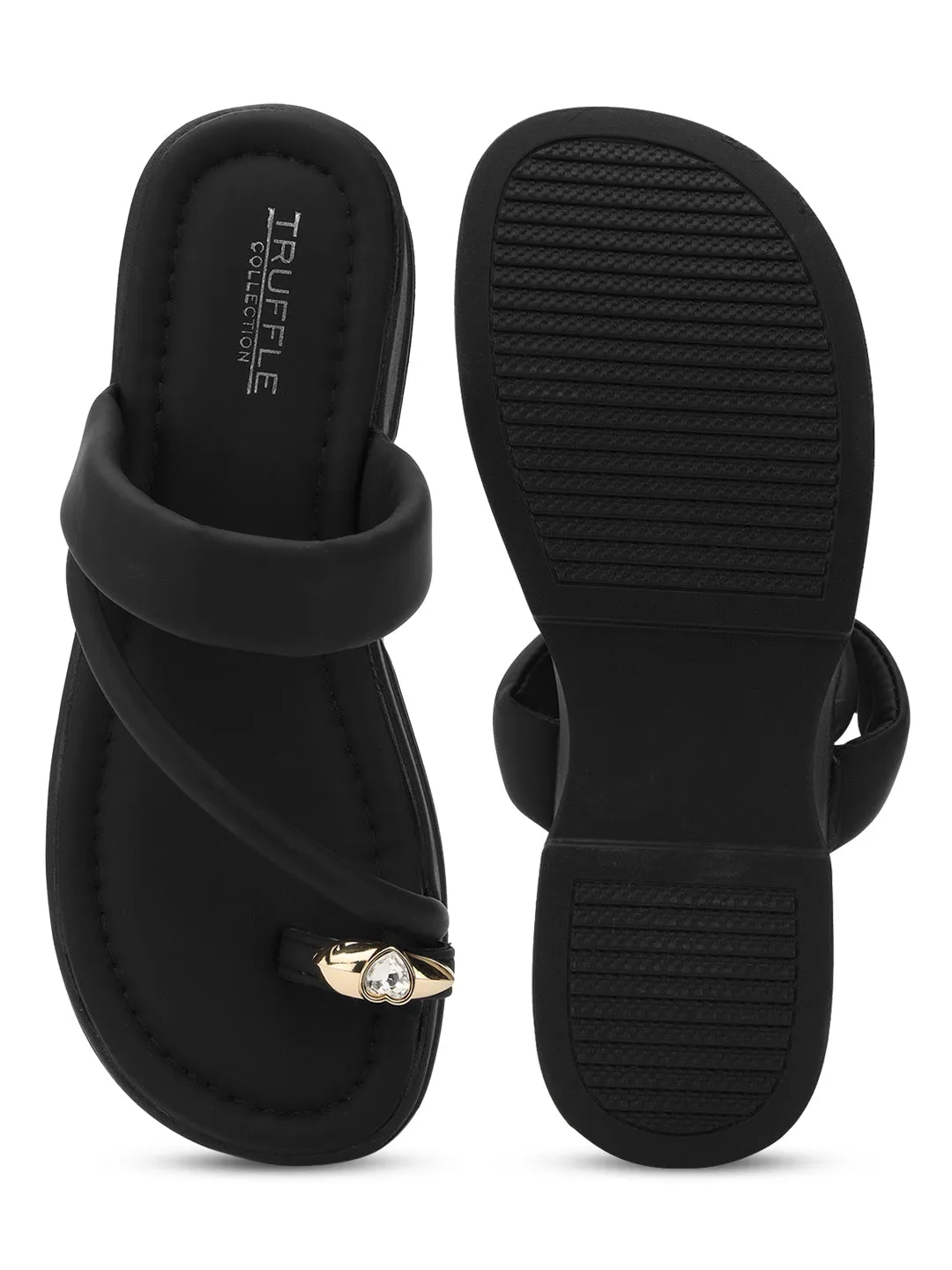 Schwarze PU-Diamant-Zehenring-Slip-On-Flats (TC-RS3599-BLK)