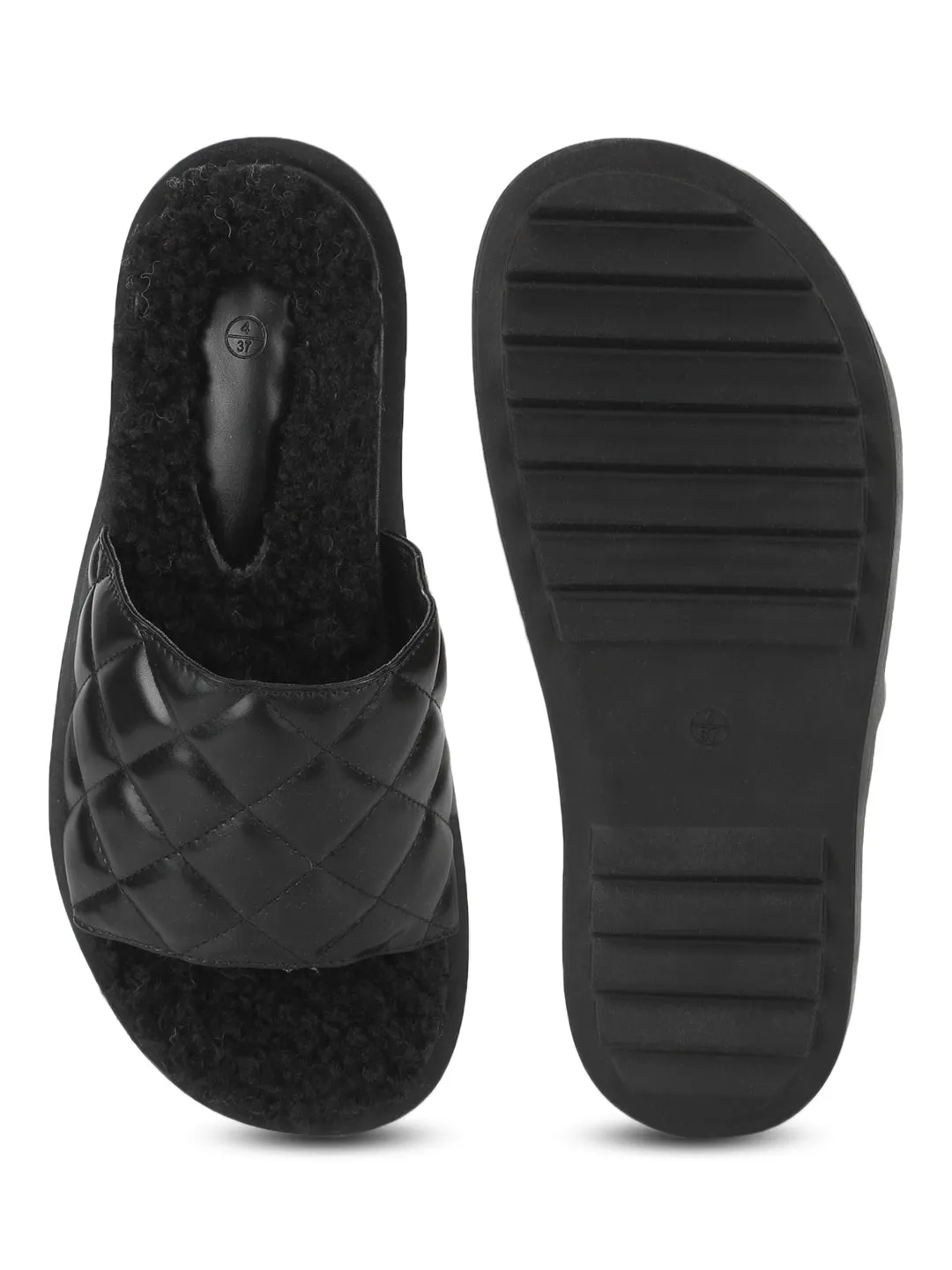 Schwarze PU-Kunstfell-Slip-Ons mit Steppung (TC-RLST7-BLK)