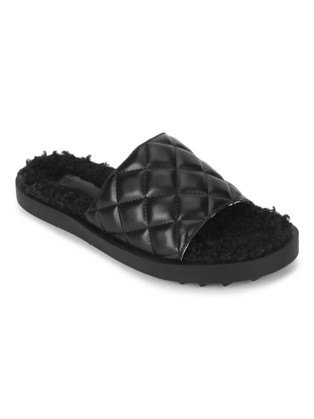 Schwarze PU-Kunstfell-Slip-Ons mit Steppung (TC-RLST7-BLK)