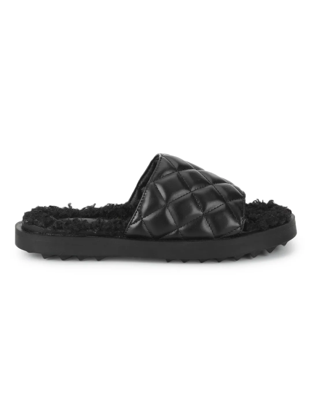 Schwarze PU-Kunstfell-Slip-Ons mit Steppung (TC-RLST7-BLK)