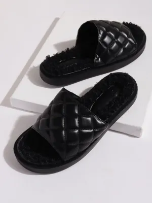 Schwarze PU-Kunstfell-Slip-Ons mit Steppung (TC-RLST7-BLK)