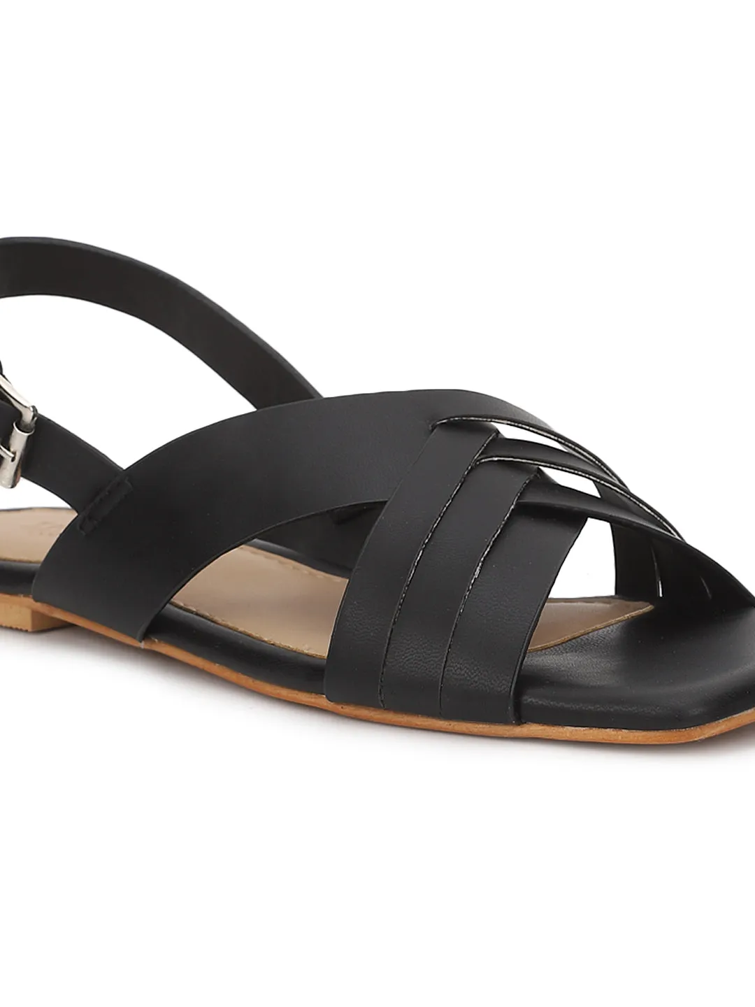 Schwarze PU Flache Sandalen (TC-ST-001-BLK)