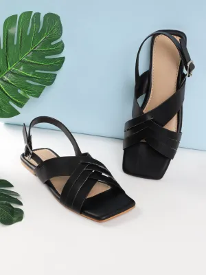 Schwarze PU Flache Sandalen (TC-ST-001-BLK)