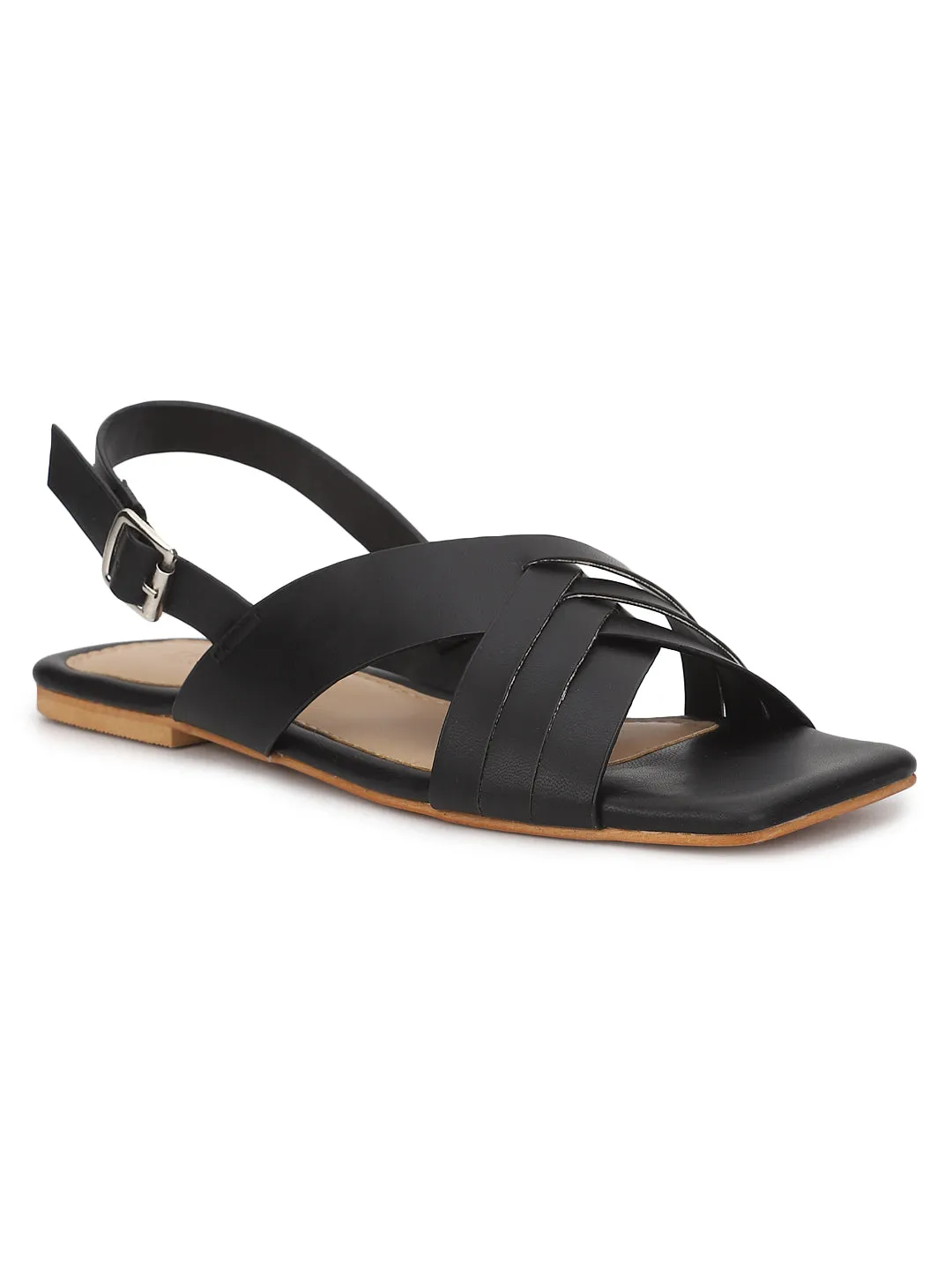 Schwarze PU Flache Sandalen (TC-ST-001-BLK)