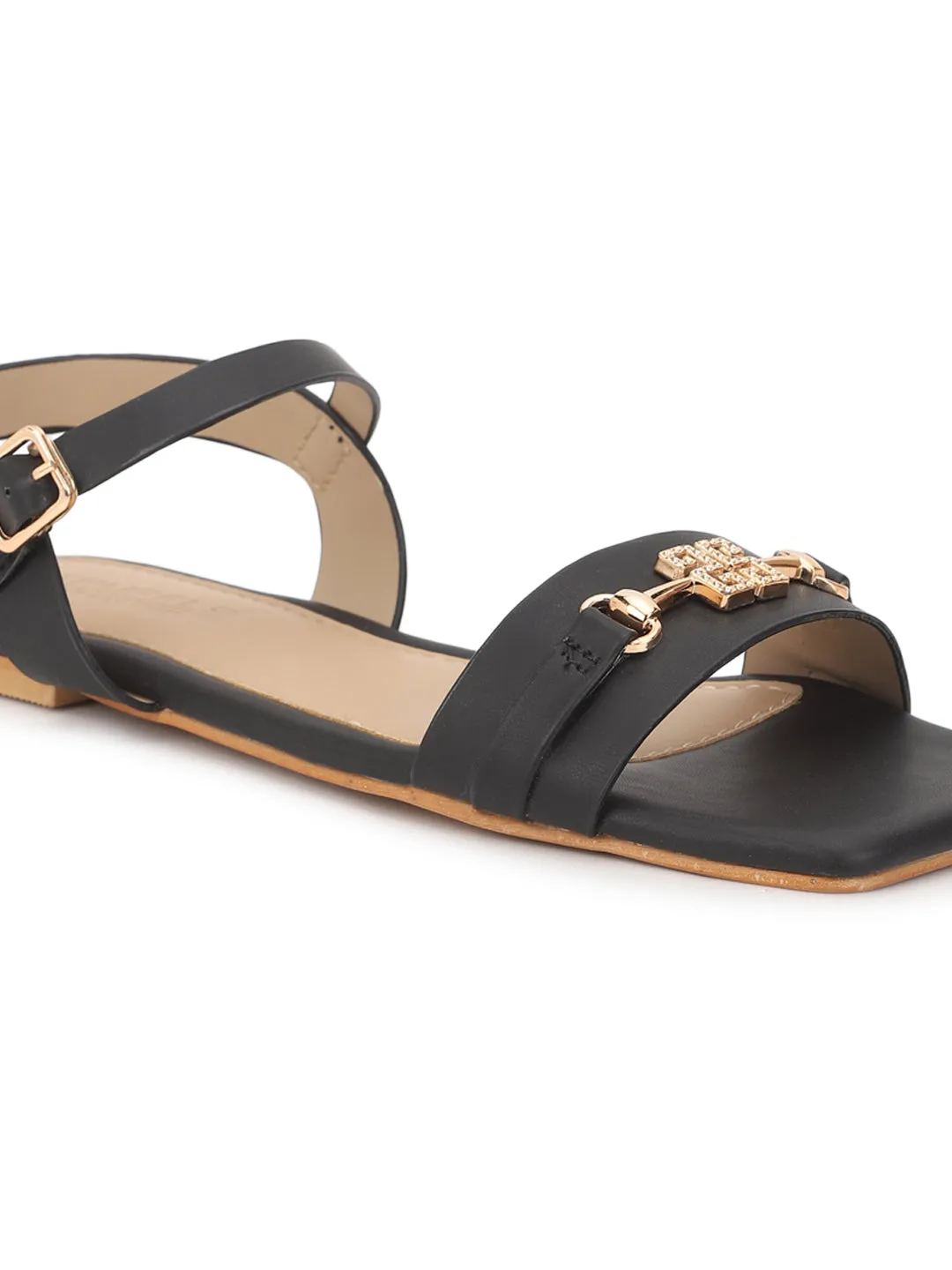 Schwarze PU Flache Sandalen (TC-ST-005-BLK)