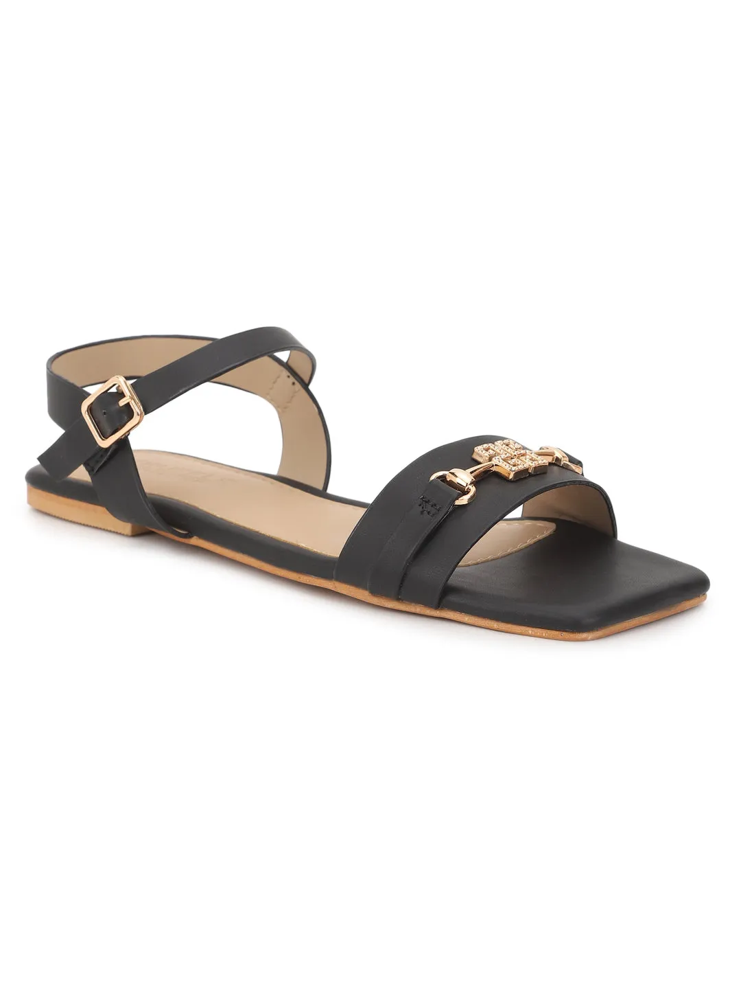 Schwarze PU Flache Sandalen (TC-ST-005-BLK)