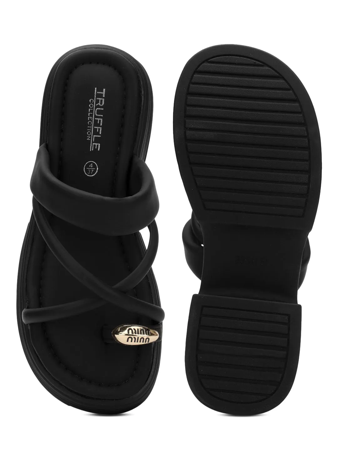 Schwarze PU Gold Zehenring Slip-On Flats (TC-RS3597-BLK)