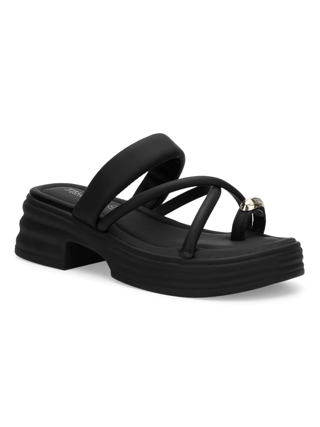 Schwarze PU Gold Zehenring Slip-On Flats (TC-RS3597-BLK)