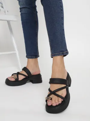Schwarze PU Gold Zehenring Slip-On Flats (TC-RS3597-BLK)