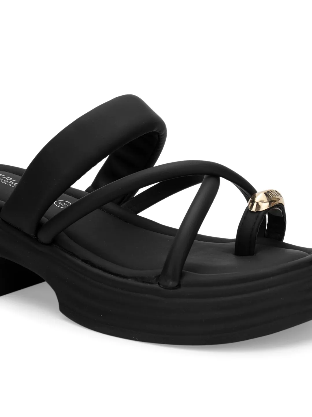 Schwarze PU Gold Zehenring Slip-On Flats (TC-RS3597-BLK)