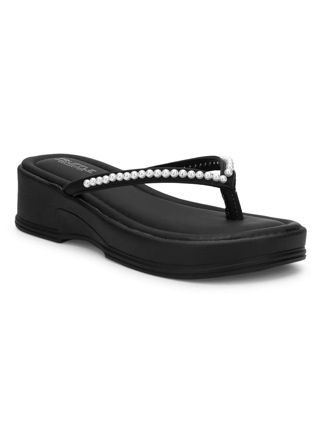 Schwarze PU-Perlen-Slip-On-Flats (TC-RS3598-BLK)