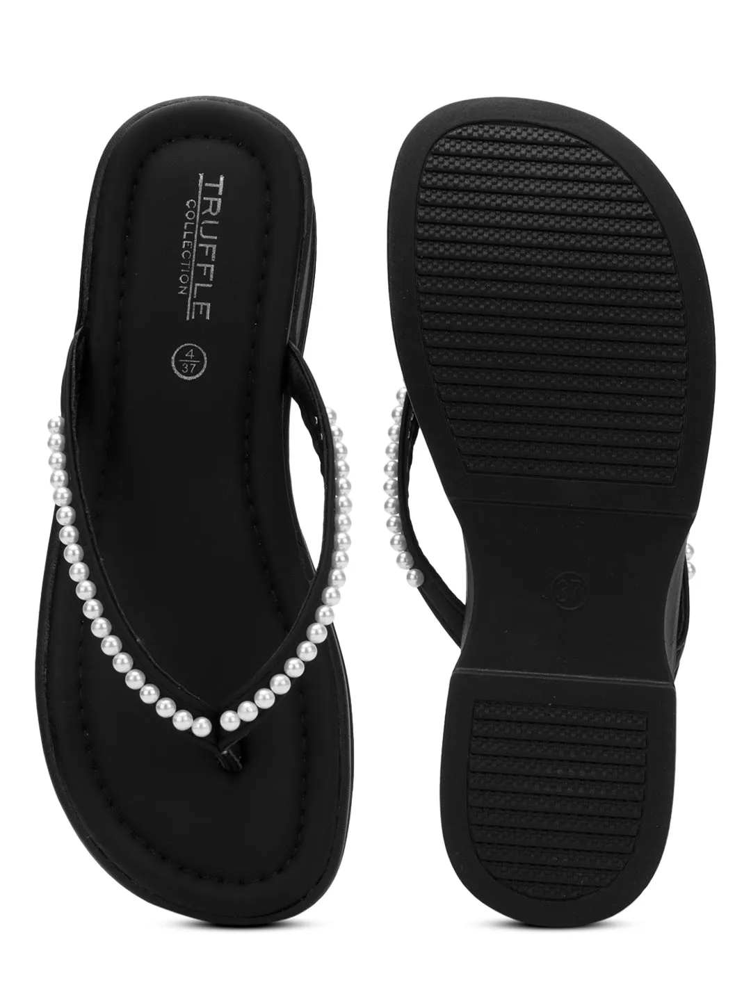 Schwarze PU-Perlen-Slip-On-Flats (TC-RS3598-BLK)