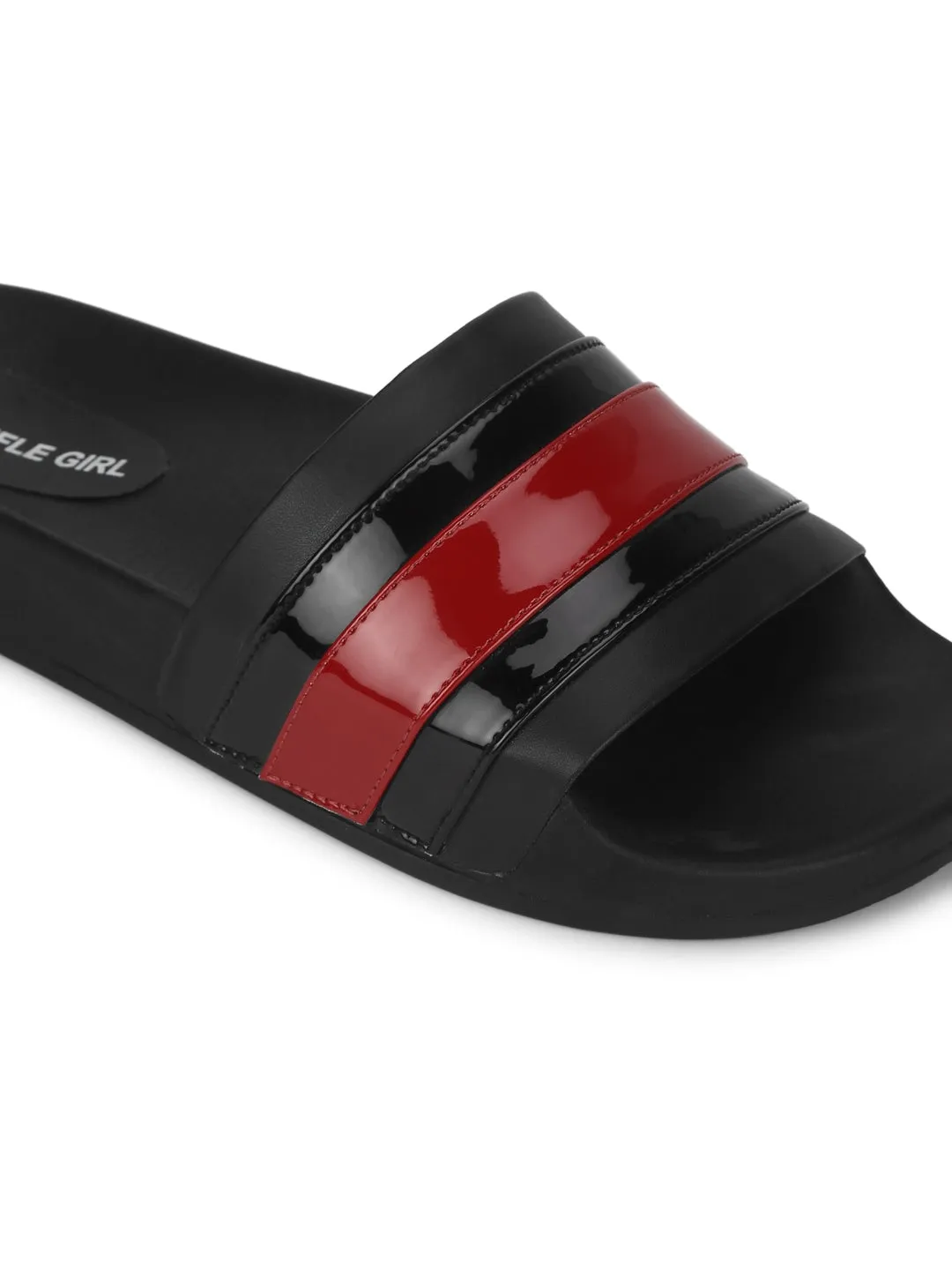 Schwarze PU-Slipper mit schwarz-roten Streifen