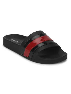 Schwarze PU-Slipper mit schwarz-roten Streifen