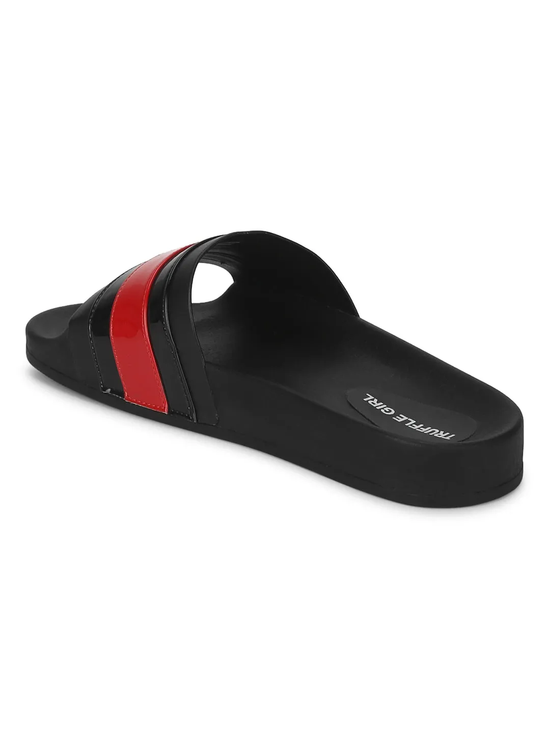 Schwarze PU-Slipper mit schwarz-roten Streifen