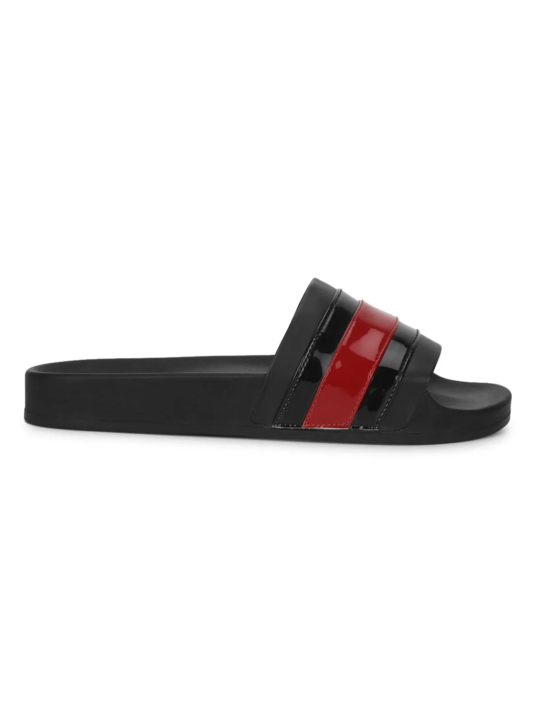 Schwarze PU-Slipper mit schwarz-roten Streifen