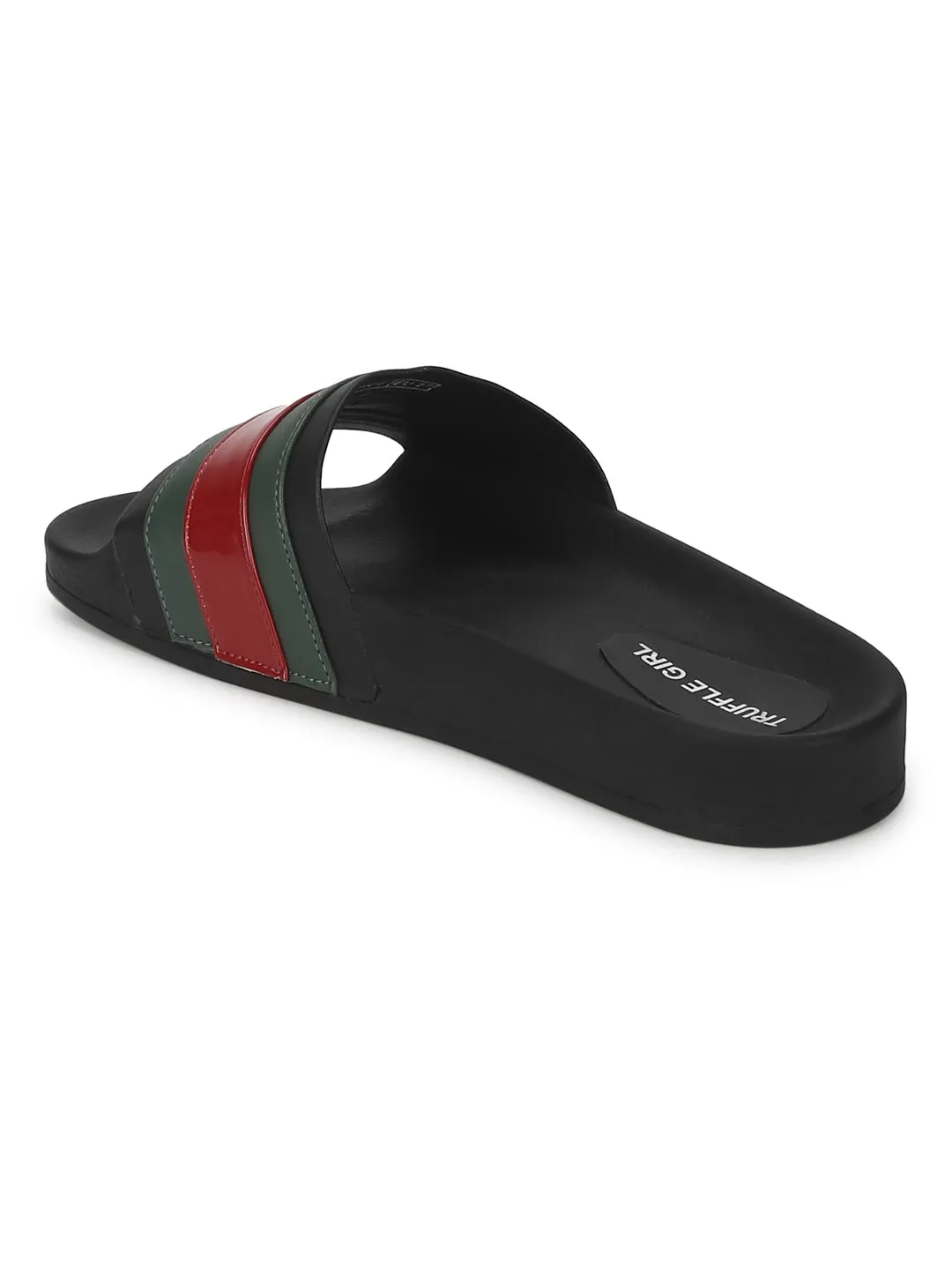 Schwarze PU-Slipper mit grün-roten Streifen