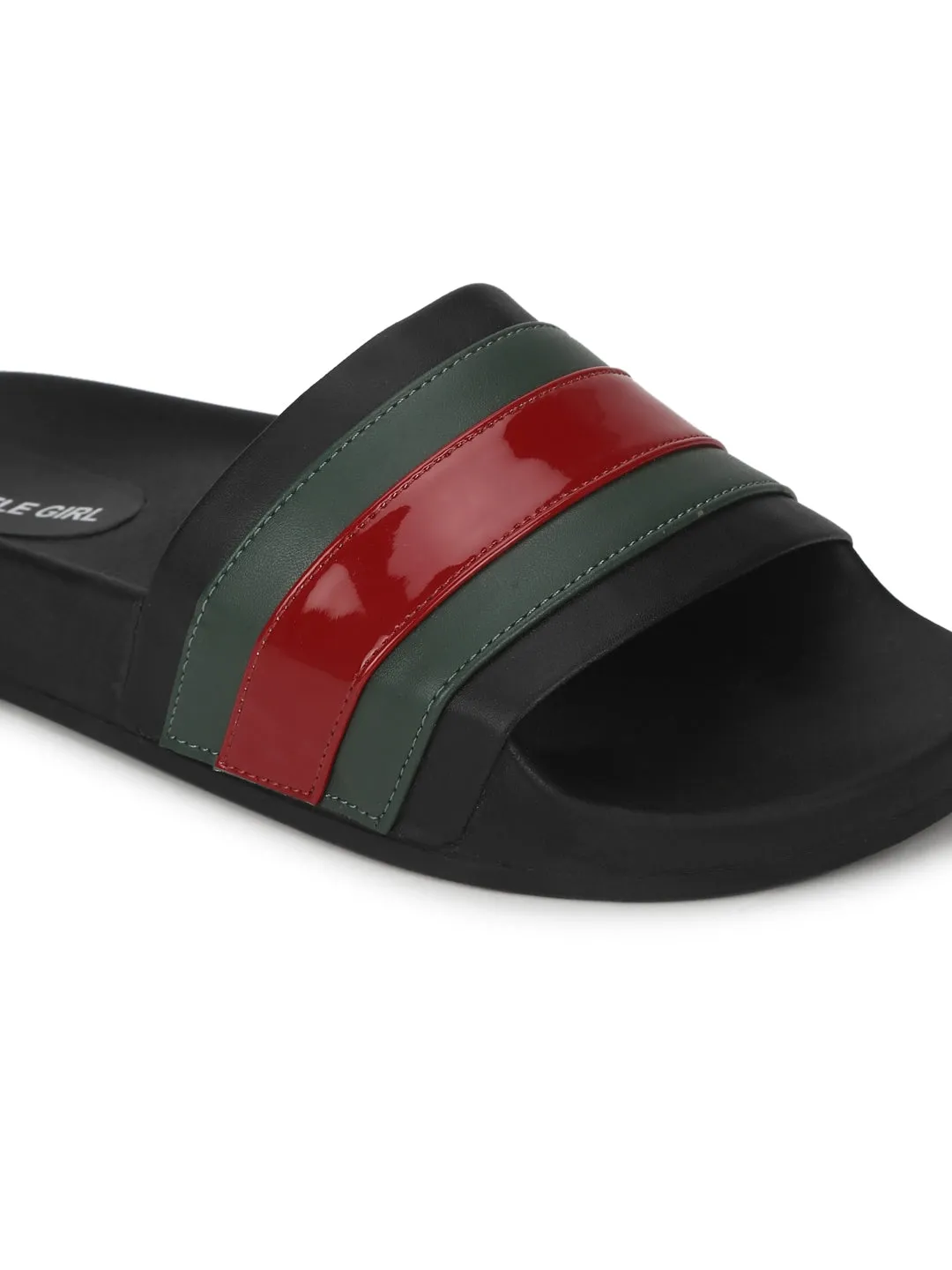 Schwarze PU-Slipper mit grün-roten Streifen